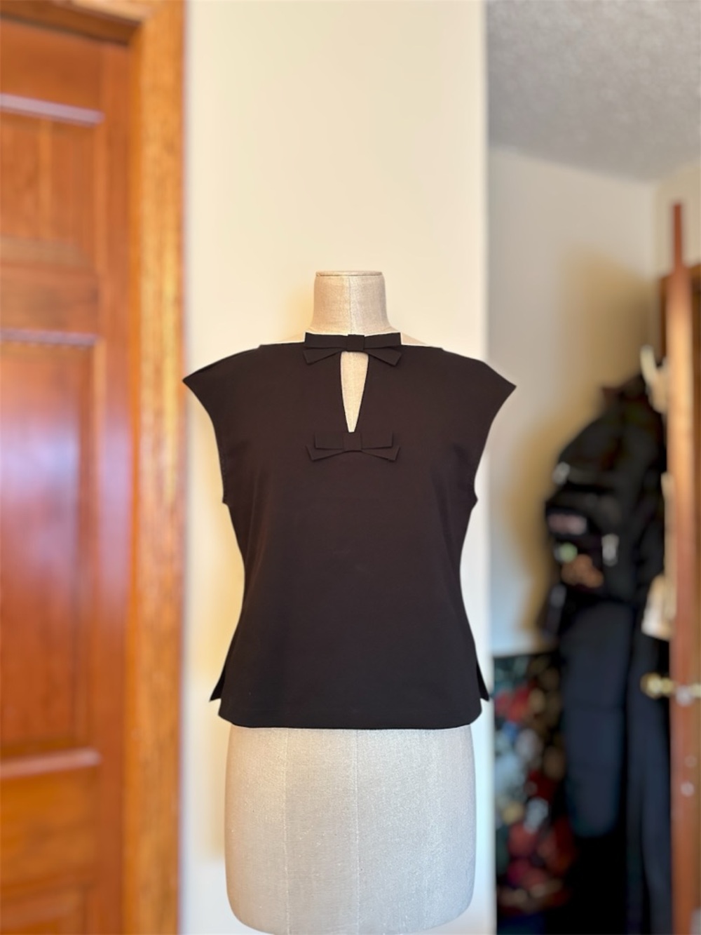 H&M Women's Black Boatneck Top with Bow Keyhole + Cap Sleeves